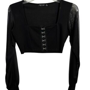 Nasty Gal Black Mesh Sleeve  Party Corset Whimsigoth Crop Top size 6